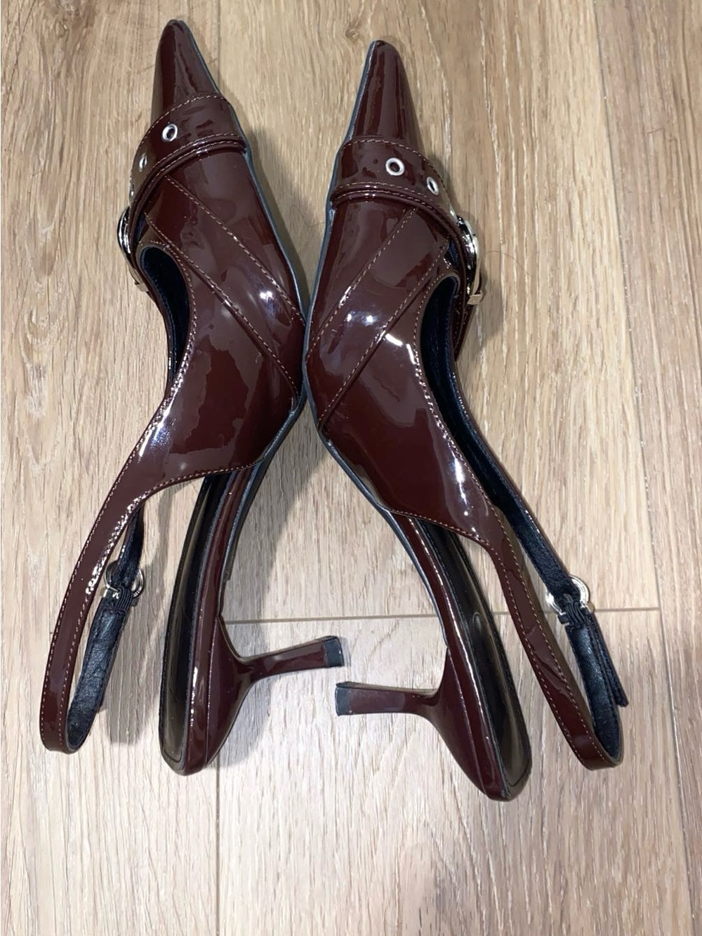 Patent Pointed-Toe Slingback Heels in Deep Brown